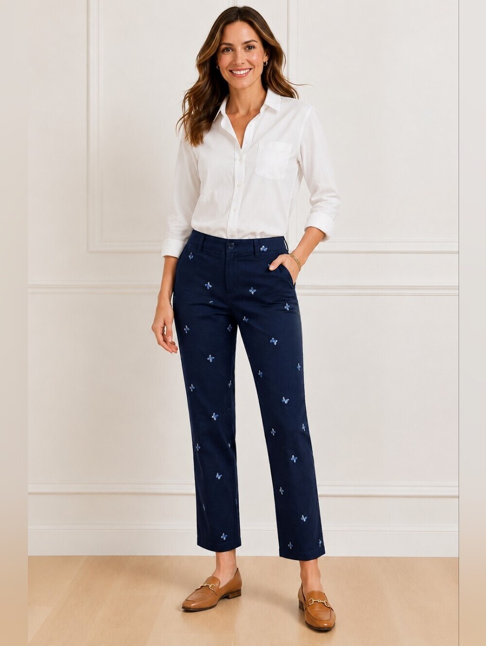 Talbots Navy Blue Embroidered Butterfly Chino Pants Size 8